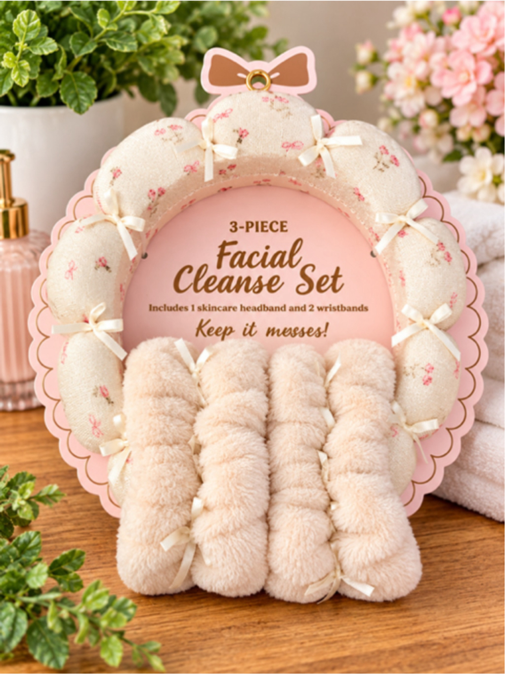 3-Piece Facial Cleanse Set Floral Headband & Wristbands Skincare Spa